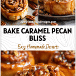 Golden Caramel Pecan Cinnamon Rolls with sticky glaze and chopped pecans on a rustic baking tray.